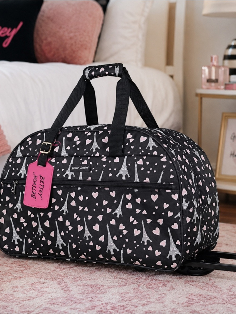 Betsey Johnson Paris Hearts Rolling Carry On Duffel Luggage NWT Travel Bag